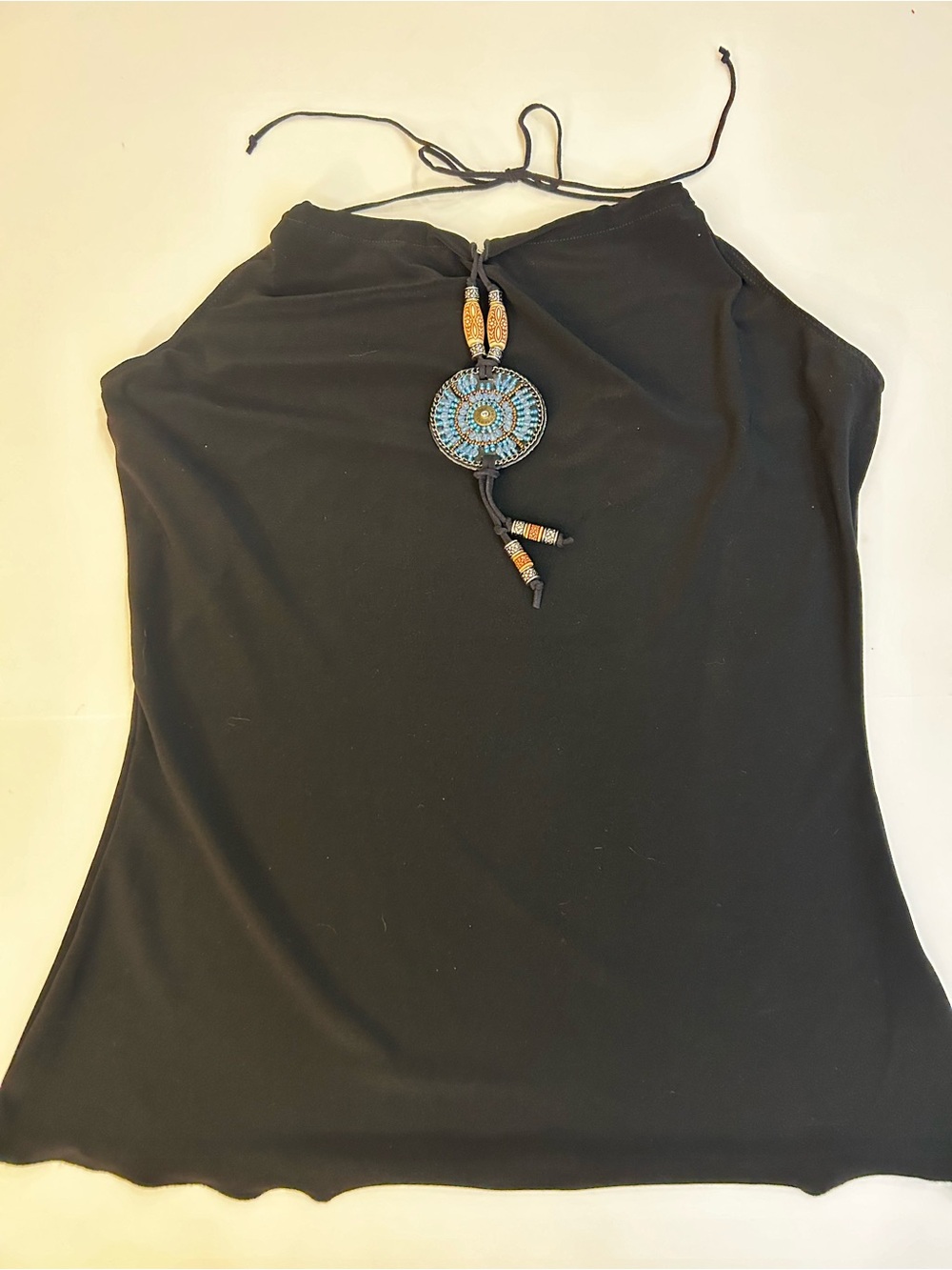 Black Halter Camisole with Decorative Beaded Pendant